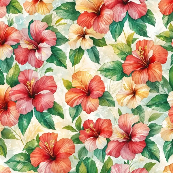 Victorian Flowers 67 (Copy) features a seamless pattern of large, colorful hibiscus flowers in red, orange, and yellow with green leaves on a light background. The bright design is densely packed with vibrant floral elements.