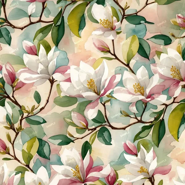 A seamless pattern named "Watercolor Hibiscus Flowers 43 (Copy)" features white and pink hibiscus flowers with green leaves on branches set against a soft watercolor background in pastel green, peach, and blue, repeating florals throughout the design.