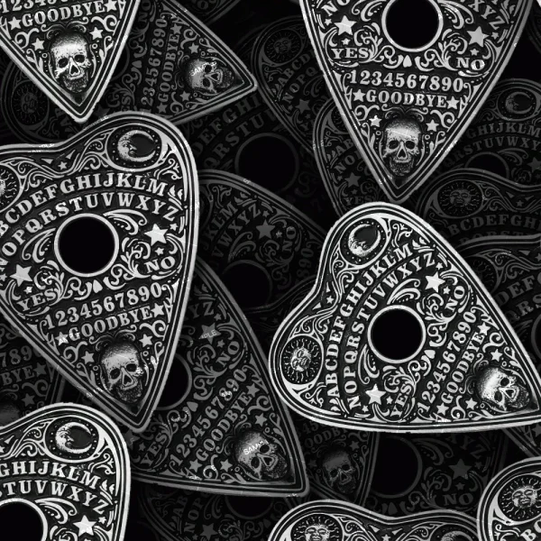 A seamless pattern of Mardi Gras String Beads (Copy) in black and white, featuring letters, numbers, skulls, and ornate designs.