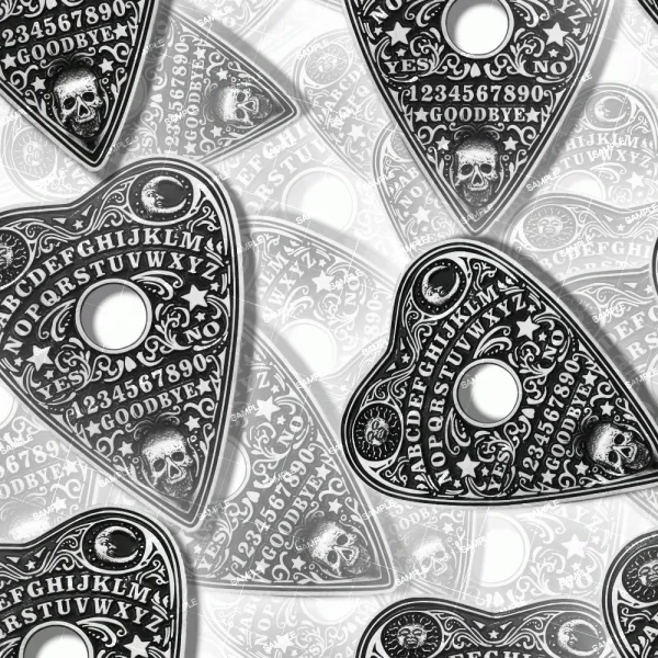 A pattern of ornate black and white Ouija Planchette 22 (Copy) designs featuring the alphabet, numbers, “YES,” “NO,” “GOODBYE,” skulls, and crescent moons.