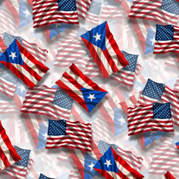 Fireworks 48 (Copy) features a repeating pattern of overlapping U.S. and Puerto Rican flags, both waving in the wind, arranged on a white background.