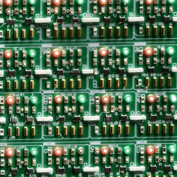 Close-up of Scrap Computer Parts (Copy): multiple green circuit boards arranged in a row with electronic components like resistors, capacitors, and LEDs glowing red and green.