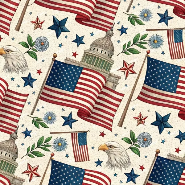 Patterned illustration featuring American and Puerto Rico flags, Capitol dome, bald eagles, red and blue stars, flowers, and green leaves on a cream background. Product: US and Puerto Rico Flags 23 (Copy).