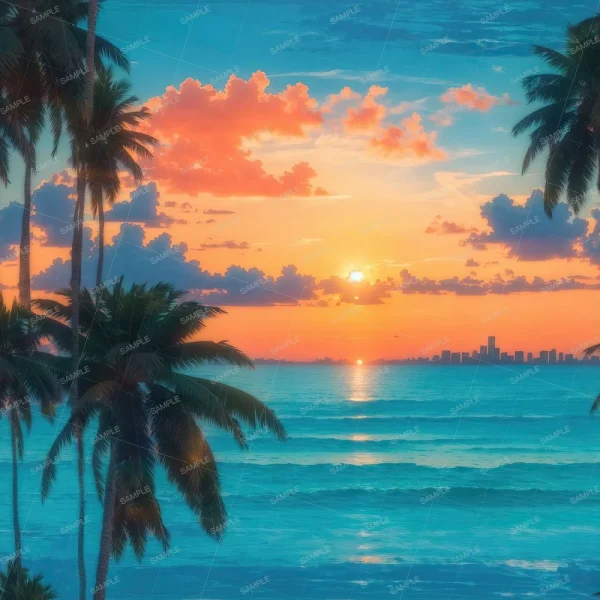 Palm Trees with a Sundog Sunset on Miami Beach: Vibrant sunset with palm trees, gentle waves, and Miami’s distant skyline under an orange, pink, and blue sky.