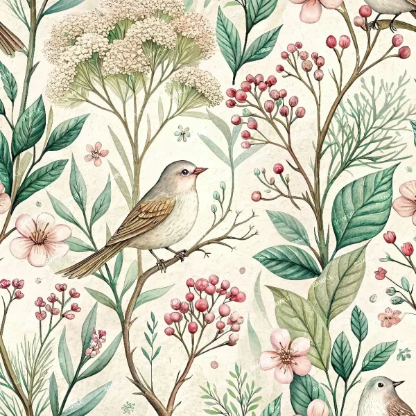 A bird perches on a branch with illustrated flowers, leaves, and berries in soft pastels against a light background, featured in the Ghost Fern (Copy) design.