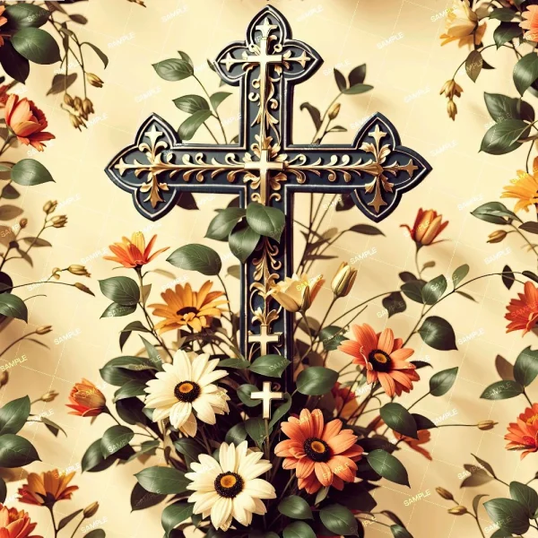 The Bird Garden 43 features an ornate black and gold cross surrounded by blooming daisies, orange flowers, and lush green leaves. Bright floral elements frame the cross, creating a vibrant and decorative scene.