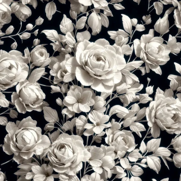 A seamless pattern featuring detailed white roses and various flowers with leaves on a dark background, inspired by the Christian Cross and Flowers 42 (Copy) design. The intricate floral arrangement covers the entire image densely.