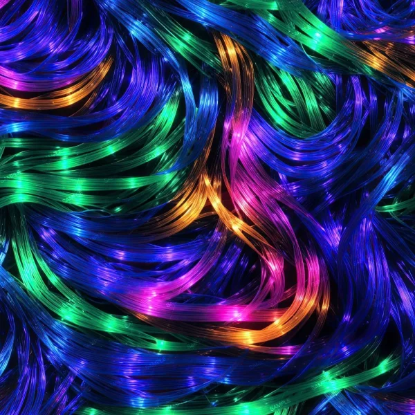 A close-up of Rainbow Grunge Wall (Copy) shows wavy, fiber-like strands in neon blue, green, purple, pink, and orange with glowing highlights, forming a vibrant illuminated pattern.