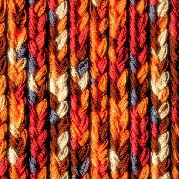 Close-up of Brushed Damask (Copy) braids arranged vertically, displaying strands in orange, red, yellow, blonde, and black for a vibrant, colorful pattern.