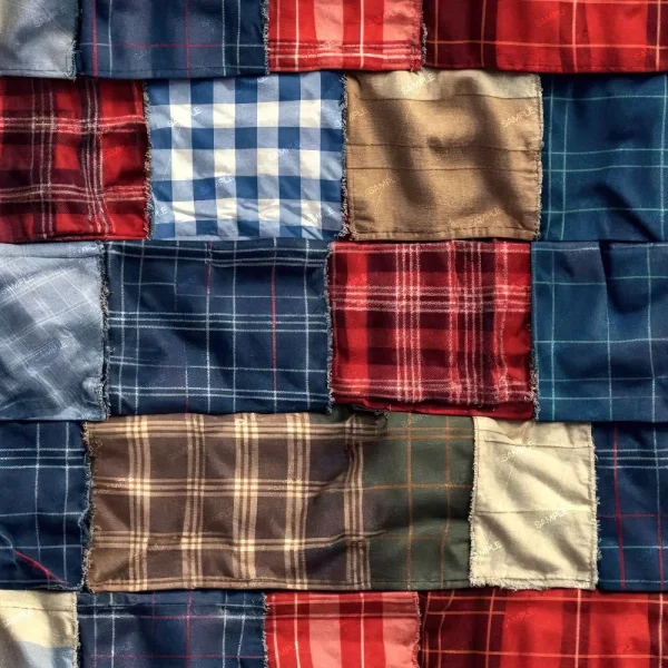 A close-up of Crazy Quilt 47 (Copy), featuring rectangular fabric pieces in plaid and checked patterns with red, blue, brown, and beige tones. Visible edges of the quilt show slight fraying for a textured look.