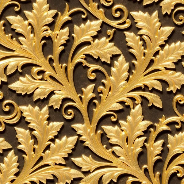 River of Gold (Copy) features gold ornate, leafy floral patterns in a repeating design on a dark brown background, with intricate detailing that creates the look of embossed decoration for a classic, elegant style.