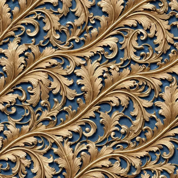 Bronze Acanthus Scrollwork features intricate, swirling foliage in a classic decorative style on a textured blue background, inspired by Baroque and Rococo designs.