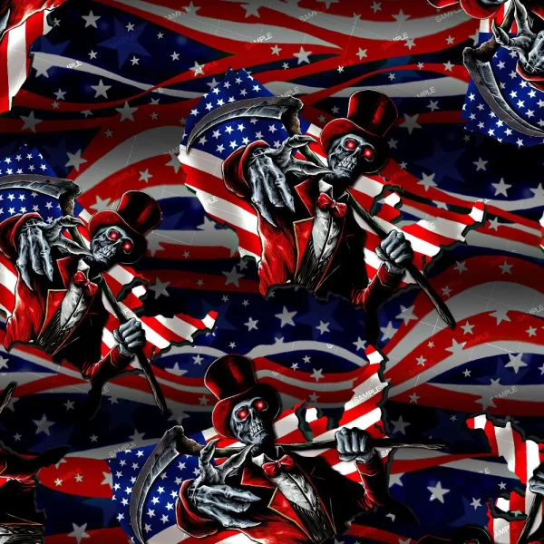 A pattern from "US and Puerto Rico Flags 23 (Copy)" features skeletons in red suits and hats with scythes, glowing eyes, and pointing outward over stylized American flags with stars and stripes.