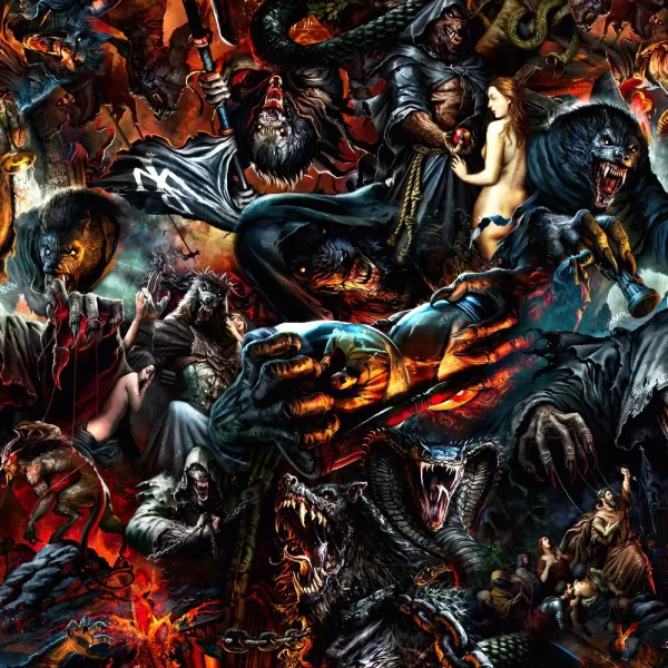 A chaotic fantasy scene from "American Ghoul 22 (Copy)" features monstrous creatures, serpents, wolves, and dark-robed figures clashing with frightened humans amid a fiery, tumultuous backdrop.
