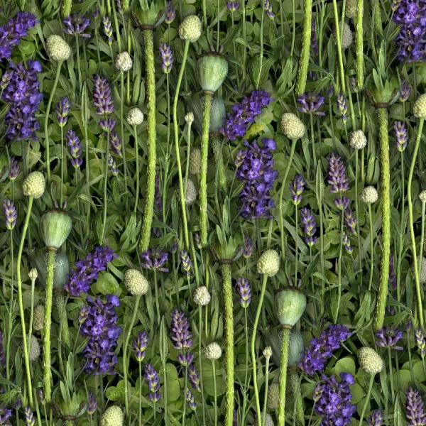 A dense pattern of green stems, seed pods, and clusters of purple and white flowers and buds forms the textured design of Vintage White Flowers 49 (Copy).