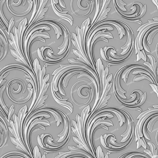 Seamless pattern titled "Lavender and Poppy Pods (Copy)" featuring ornate, swirling leaf and vine motifs in a raised, embossed silver-gray design on a light gray background.