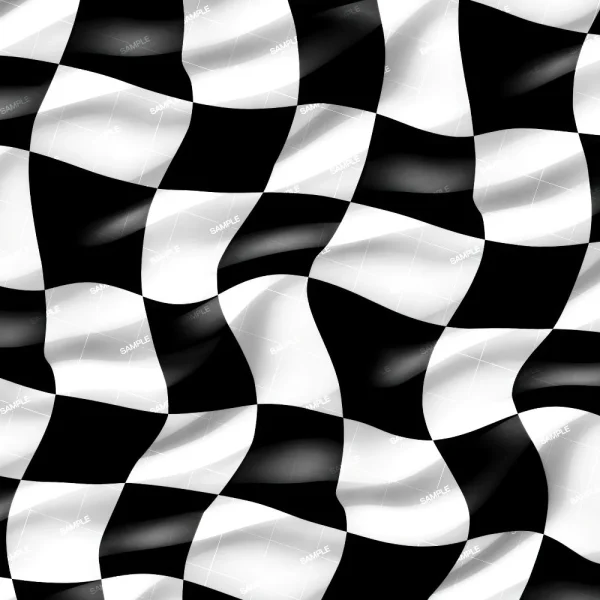 Checkered Flags 32 (Copy) features a close-up of a wavy black and white checkered pattern, creating the illusion of movement and folds on its surface.