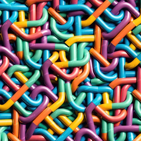 A vibrant, interwoven display of Lighted Optical Fibers (Copy) in orange, blue, green, yellow, pink, and purple creates a dense, tangled abstract pattern of colorful curved plastic tubes.