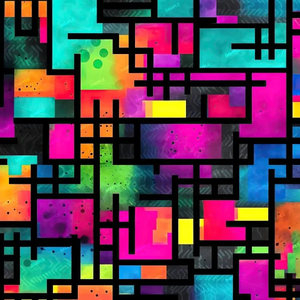 Lighted Optical Fibers (Copy) features a geometric abstract pattern of rectangles and squares in pink, yellow, green, blue, and orange with thick black lines, accented by paint splatters and subtle textured effects.