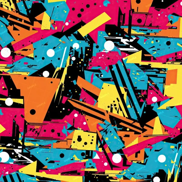 The "Orange Paint Swirl 22 (Copy)" features a vibrant abstract pattern with overlapping blue, orange, yellow, black, and white geometric shapes on magenta, bold lines, circles, and paint splatters.
