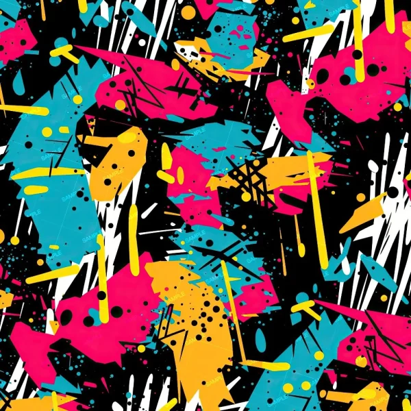 Orange Paint Swirl 22 (Copy) features an abstract pattern with overlapping shapes and splatters on a black background, using bright pink, yellow, blue, and black for a chaotic, energetic modern look with dots and jagged lines.
