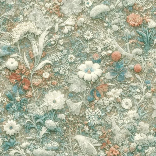 A delicate, intricate design featuring pastel florals, leaves, and berries in blue, white, and coral on a textured background. Inspired by the "Lavender and Poppy Pods (Copy)" product.