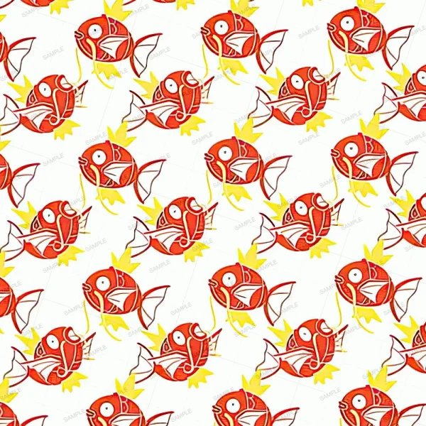 The "Spooky Skateboard Stickerbomb 44 (Copy)" features a seamless pattern of cartoon-style red and yellow fish with large eyes and detailed fins, arranged closely together on a white background.