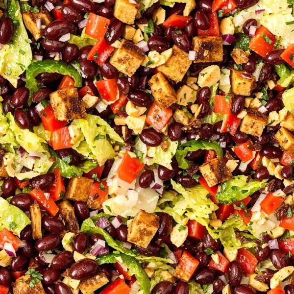 Close-up of a salad featuring Oranges 42 (Copy), black beans, red bell peppers, chopped lettuce, diced onions, grilled tofu cubes, and herbs all mixed together.
