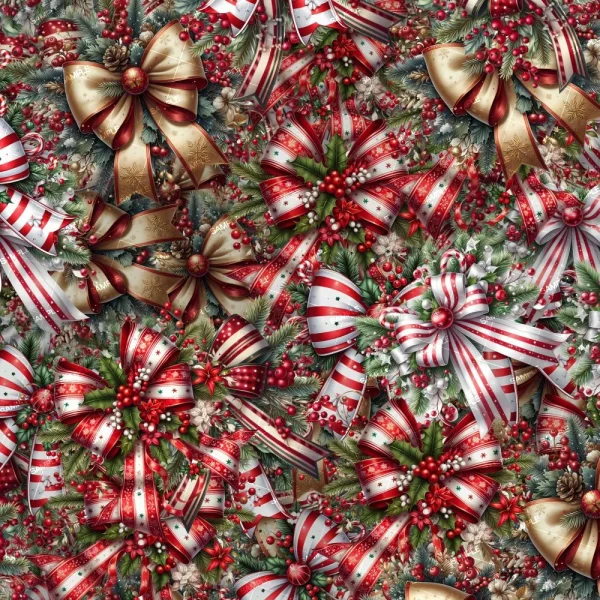 A festive holiday background featuring dense red, white, and gold bows with holly berries, pine branches, and glitter accents—perfect for Christmas Tree 53 (Copy).