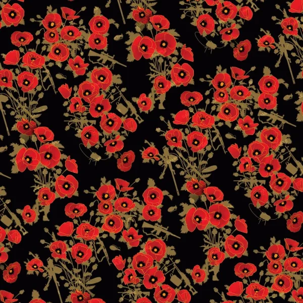 Pastel Garden 42 (Copy) features a seamless pattern of red poppy clusters with golden stems and leaves on a solid black background, creating a uniform floral design across the surface.