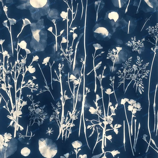 Poppies of War 32 (Copy) is a botanical cyanotype print featuring detailed white silhouettes of leaves, flowers, and stems arranged vertically on a deep blue background, creating a striking natural pattern.