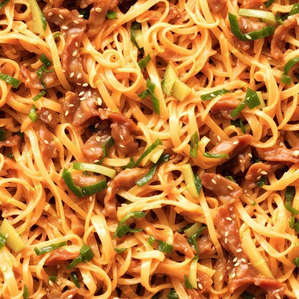 A close-up view of Protein Salad (Copy) featuring cooked noodles, sliced green onions, glazed meat pieces, and a sprinkle of sesame seeds.