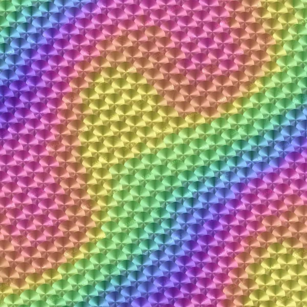 A vibrant abstract background for Neon Stained Glass FLW Style (Copy) featuring small, shiny circles in a grid with a wavy rainbow gradient blending pink, red, yellow, green, blue, and purple hues.