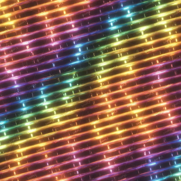The Neon Stained Glass FLW Style (Copy) features diagonal rows of glowing neon lights—yellow, pink, orange, blue, and green—forming a vibrant, futuristic pattern against a dark background.
