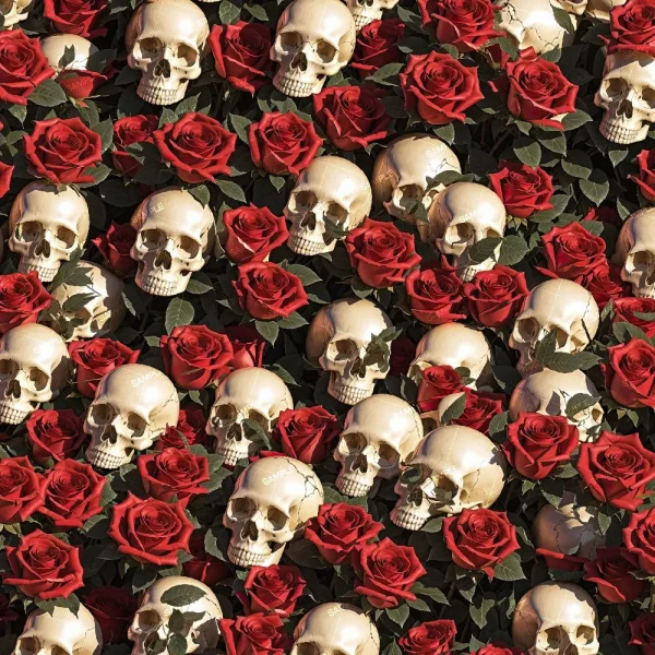 The "Poppies of War 32 (Copy)" features a repeating design of human skulls interlaced with red poppies and green leaves, alternating between the skull motifs and vibrant flowers.
