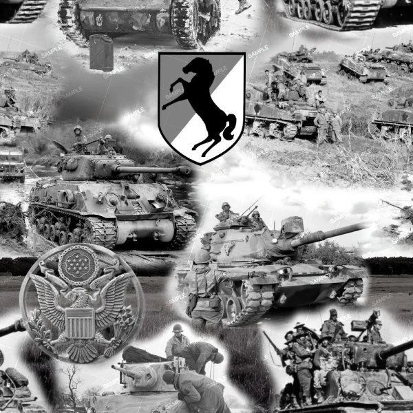 A collage of black and white World War II tanks and soldiers with the U.S. Army 11th Armored Division emblem, the United States Great Seal, and the US and Puerto Rico Flags 23 (Copy) appears amid dynamic action scenes.
