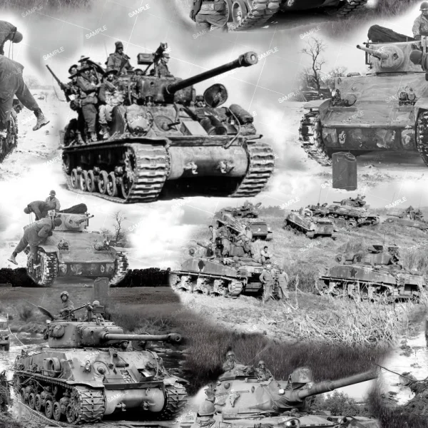 Armory Sticker Bomb (Copy) features a collage of black-and-white wartime photos with tanks and soldiers in action or at rest in outdoor settings, such as muddy fields and grassy terrain. Soldiers are seen riding or standing near the tanks.