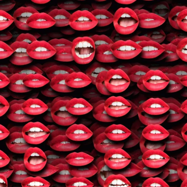 A dense collage of red lips, some closed and some open showing teeth, covers the dark background of the BAD One (Copy), creating a vibrant and colorful pattern.