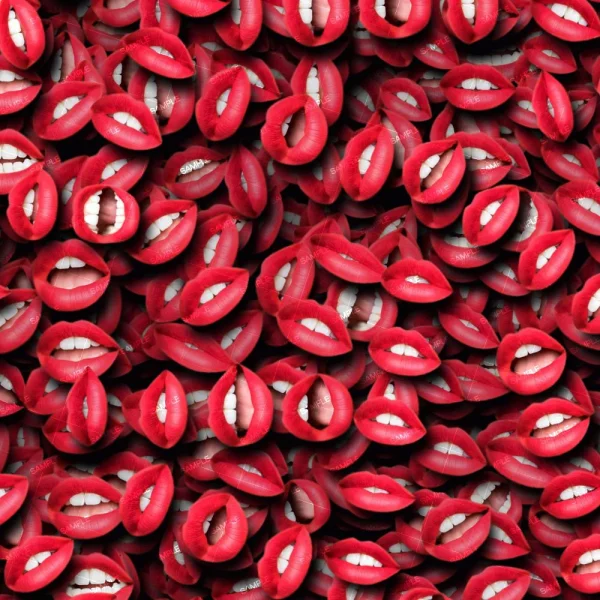 A dense pattern of red lips, some open revealing white teeth and some closed, overlap against a neutral background in the "Lips Talking 22 (Copy)" design.