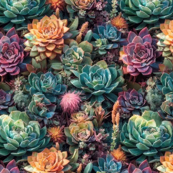 Swirled Paint 45 (Copy) features a dense mix of succulents in green, pink, orange, and purple with spiky cacti and yellow-orange flowers, all seen from above.