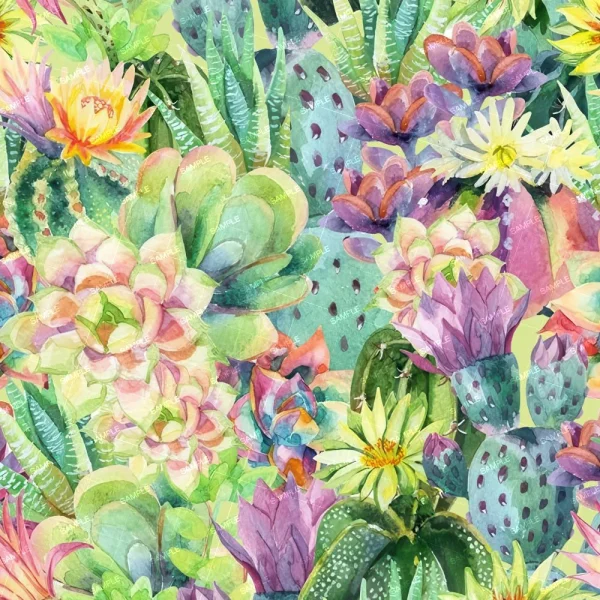 Swirled Paint 45 (Copy) showcases a seamless pattern with watercolor cacti and succulents in green, purple, yellow, and pink tones, accented by blooming flowers throughout the design.
