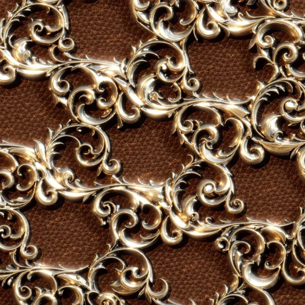 Hammered Brass 43 (Copy) features intricate gold filigree with swirling designs on a textured brown leather background, creating a luxurious and ornate look.