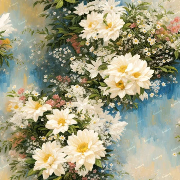 Watercolor Succulents 23 (Copy) showcases a detailed floral pattern with large white and yellow flowers, small white blossoms, green foliage, and painterly blue and light yellow background textures.