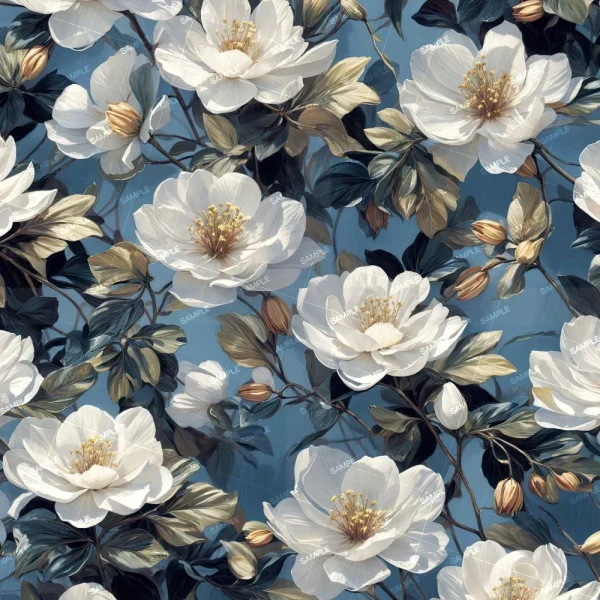 Flower Oil Painting 42 (Copy) features a seamless pattern of white flowers with yellow centers, green and brown leaves, and buds on a dark blue background. The design is detailed and evenly distributed throughout the image.