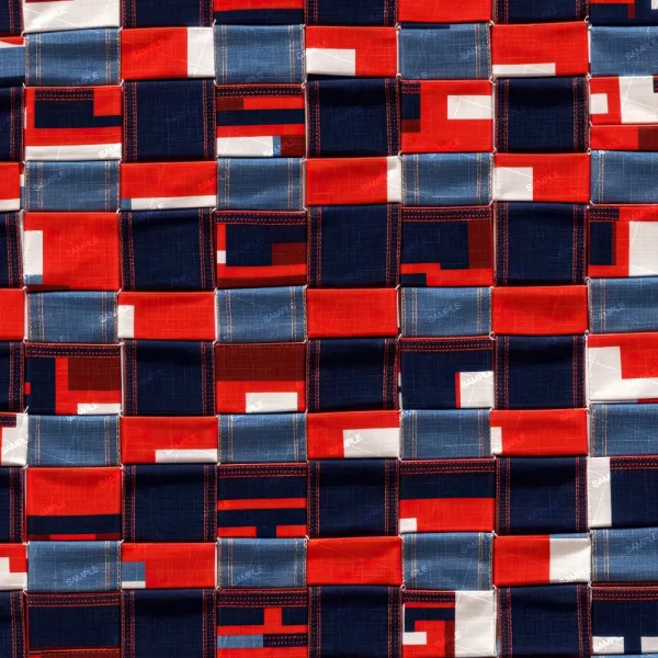 A close-up of Lace 55 (Copy), showing a woven textile pattern with red, navy blue, white, and gray fabric strips arranged in a grid-like interlaced structure and visible stitching.