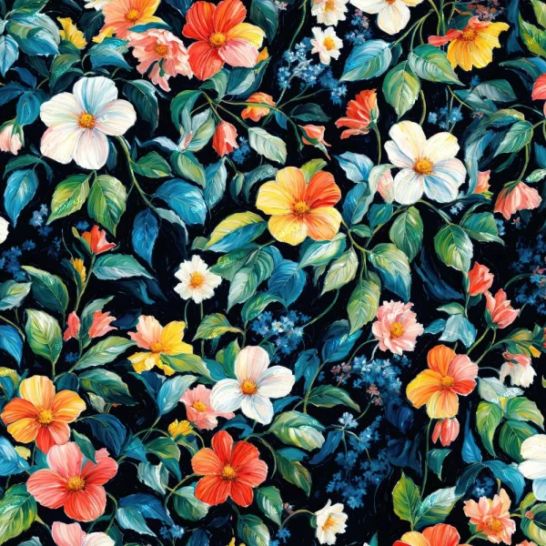 Flower Oil Painting 43 features a seamless pattern of hand-painted red, yellow, orange, pink, and white flowers with green leaves on a dark background, creating an elegant floral design.