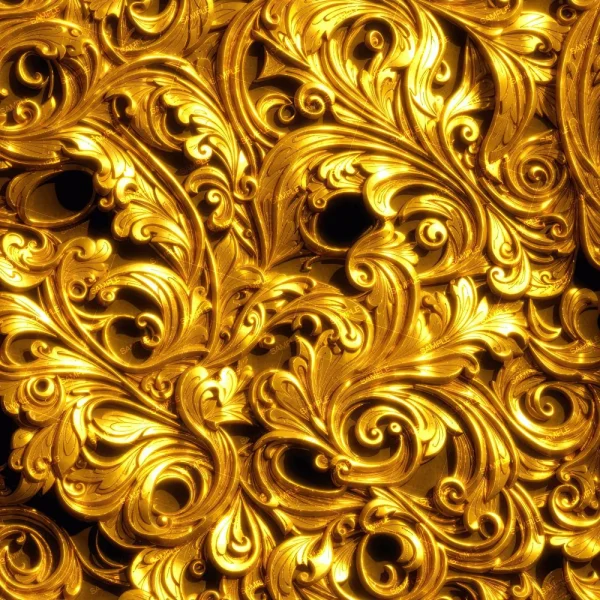 The Gold Plated Acanthus Scrollwork 42 (Copy) showcases an intricate gold pattern of swirling floral and leaf motifs with raised, shiny textures and detailed engraving for a luxurious, decorative look.