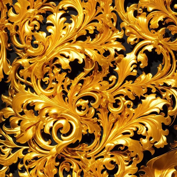 Gold Plated Acanthus Scrollwork 42 (Copy) features an intricate, symmetrical gold baroque-style pattern with swirling leaves and floral motifs on a dark background, showcasing detailed, ornate craftsmanship.