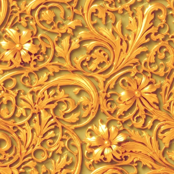 Gold Plated Acanthus Scrollwork 43 (Copy) features ornate gold floral patterns of large flowers, swirling leaves, and intricate vines on a yellow background with an embossed, shiny metallic finish.