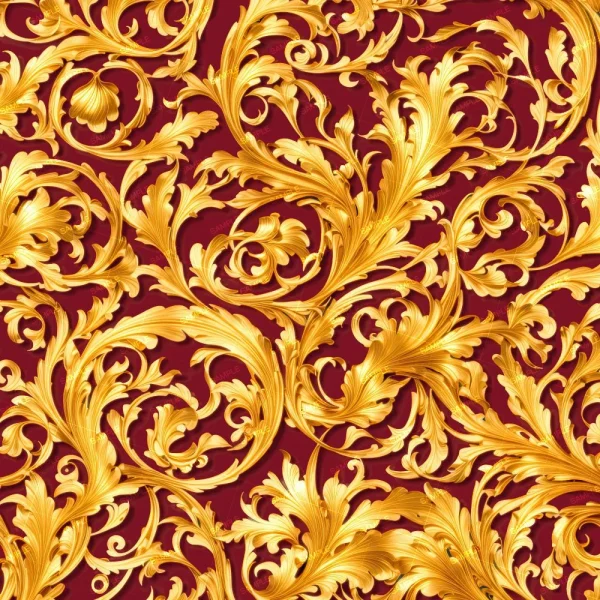 Gold Scrollwork 23 (Copy) features intricate gold baroque-style floral and leaf patterns with swirling, ornate, and symmetrical details on a rich red background.
